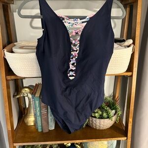 Lilly Pulitzer Lattice Navy One Piece Swimsuit with Lace-Up Detail